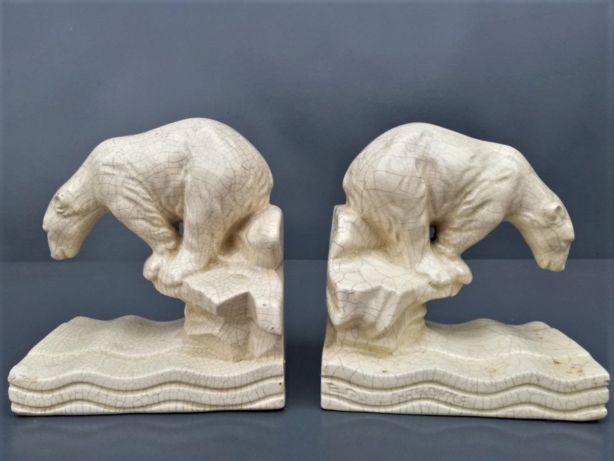 Paire de Serre Livres Art Déco en Faïence Craquelée