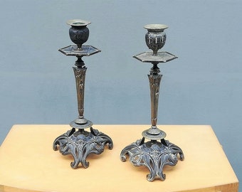 Pair of french antique bronze Art Nouveau candle holders