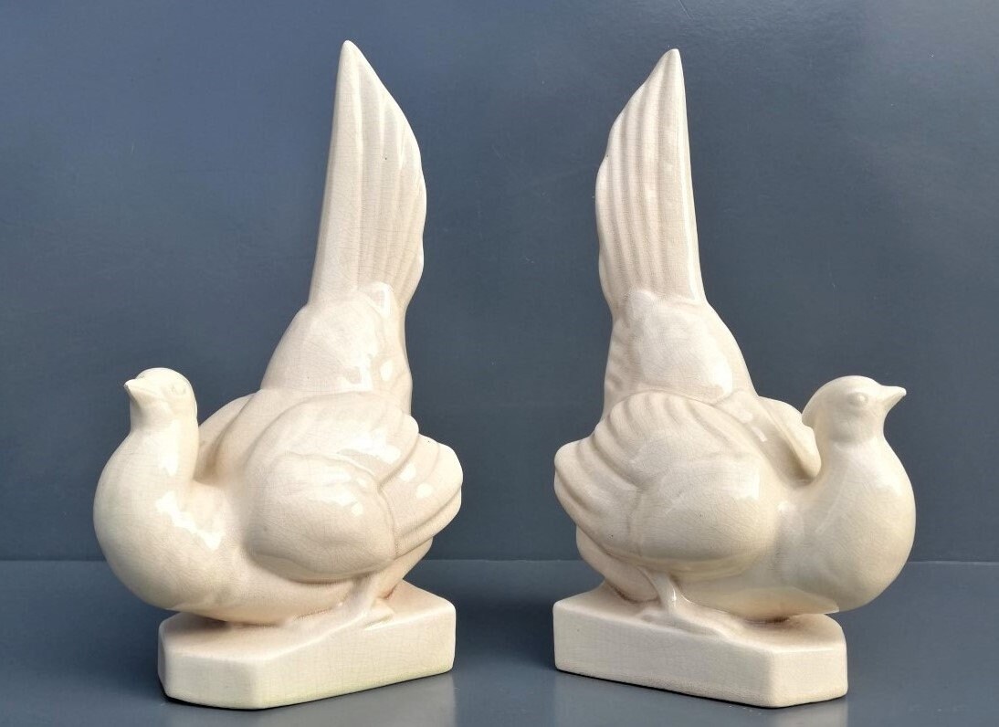 Paire de Serre Livres Art Déco en Faïence Craquelée