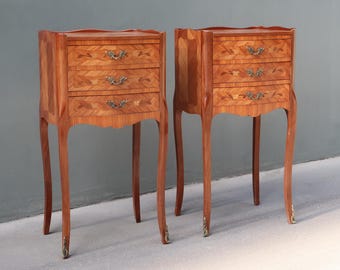 Pair of restored french Louis XV style rosewood inlaid side tables nightstands