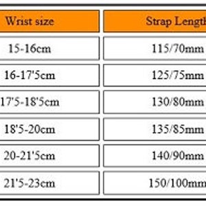 May include: A chart showing wrist sizes in centimeters and corresponding strap lengths in millimeters. The chart is divided into two columns, with "Wrist size" at the top of the left column and "Strap Length" at the top of the right column. The chart shows six different wrist sizes and their corresponding strap lengths.