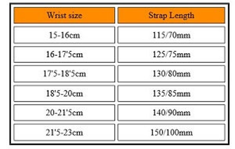 May include: A chart showing wrist sizes in centimeters and corresponding strap lengths in millimeters. The chart is divided into two columns, with "Wrist size" at the top of the left column and "Strap Length" at the top of the right column. The chart shows six different wrist sizes and their corresponding strap lengths.