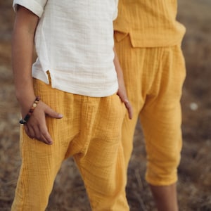 Pantalones de muselina orgánicos, ropa de muselina orgánica unisex, pantalones de muselina 3/4 para niños, niñas, pantalones de muselina orgánica para niños