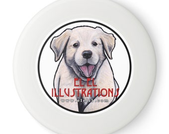 May include: White frisbee with a black circle containing a white puppy with brown ears and a red tongue. The text "EL EL ILLUSTRATIONS www.elelil.com" is printed in red letters below the puppy.