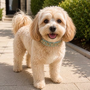 May include: A light brown Cavapoo dog with a decorative collar. The dog is standing on a stone walkway, facing the camera. The collar is light blue with gold and brown embellishments. The dog has a fluffy coat and is smiling.