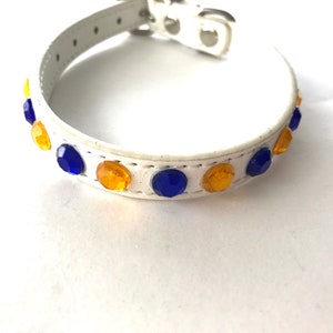 White Dog Collar with Blue and Gold - Bark Avenue Bling