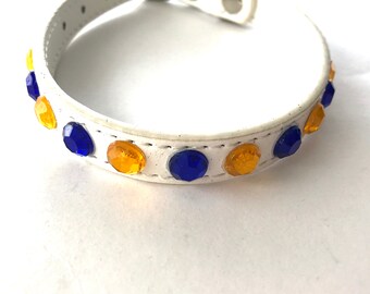 White Dog Collar with Blue and Gold - Bark Avenue Bling