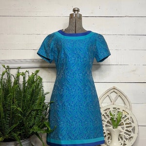Vintage 1960s paisley minidress, blue and teal brocade mod dress