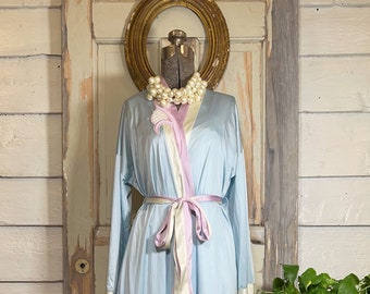 Vintage 1980s pastel nylon maxi peignoir set, Vanity Fair nightgown and robe set, XS