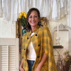 Vintage 1960s Yellow Wool Plaid Cape: Braided Knot Buttons