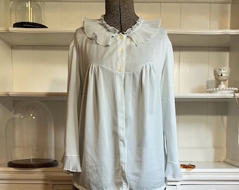 1940s Blue Nylon Chiffon Bed Jacket: Vintage Pleated Ruffle Robe