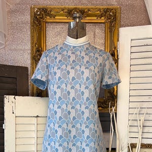 Vintage 60s blue polyester short sleeve mod blue mini dress