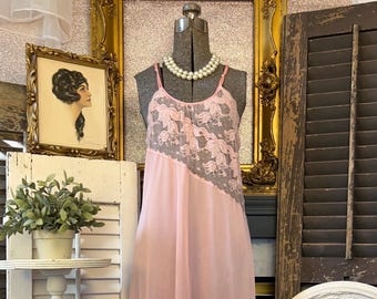 Vintage 70s Pink Lace Nightgown: Sleeveless Maxi Lingerie, Small