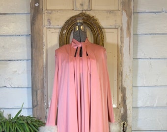 Vintage maxi gown and long vest set, 60s pink prom gown, 70s long sleeve party gown, fur cuffs 