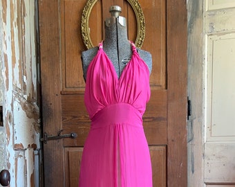 Vintage 1930s chiffon gown, halter neck pink dress, 1940s, old Hollywood glam