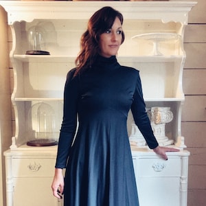 Vintage black maxi gown, 70s long sleeve party gown, empire waist, high neck