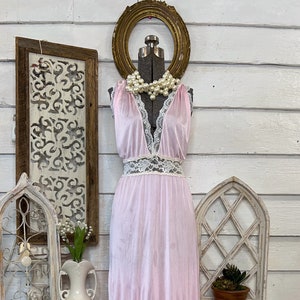 Vintage pink nightgown, lace nylon lingerie dress, long nightgown, lingerie gown