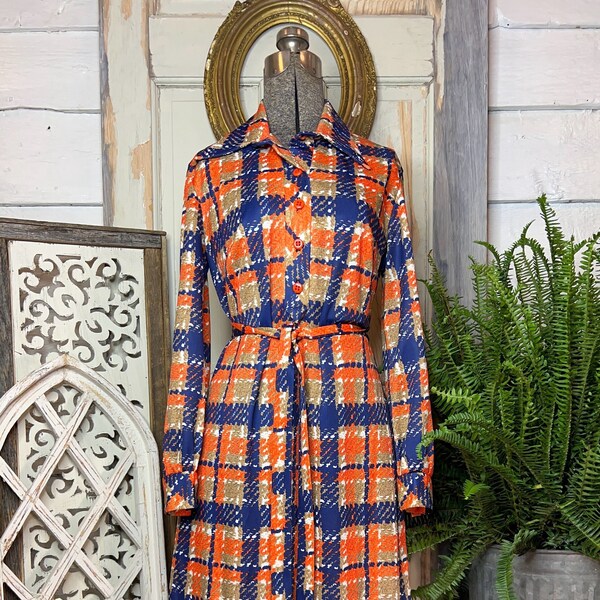Vintage mod orange, blue, white shirt dress, Bleeker Street