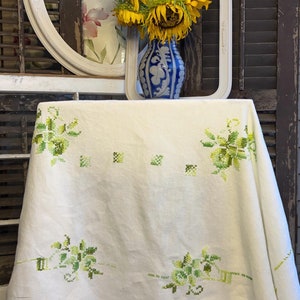 Vintage embroidered tablecloth, handmade linen table decor