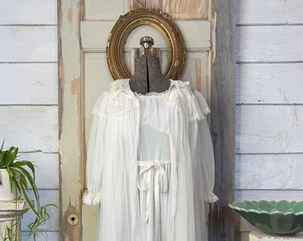 Vintage chiffon peignoir set, nightgown and robe set, lace, Carillon, white, bridal