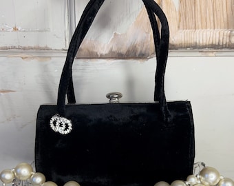 Vintage 1950s black velvet sterling silver top handle handbag