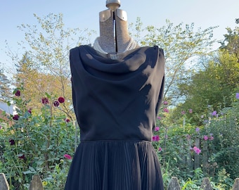 Vintage little black dress, chiffon 1960s cocktail dress, pleated skirt, Ruth’s Originals