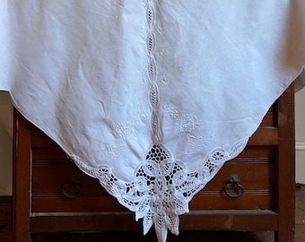 Vintage white embroidered and tape lace tablecloth