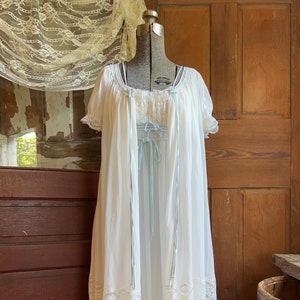 Vintage chiffon peignoir set, 1950s nightgown and robe set, Eye-ful by the “Flaums” white with blue satin bows