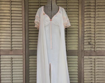 Vintage 1960s white chiffon peignoir set; Val Mode nightgown and robe