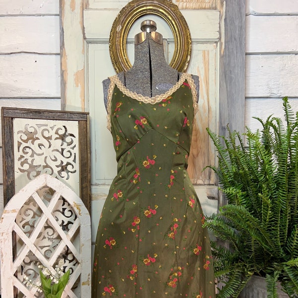 Vintage olive green floral slip dress, Made in Italy