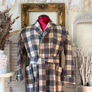 Vintage men's wool plaid robe, smoking jacket