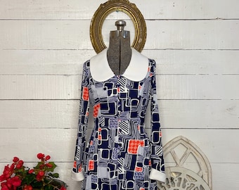 Vintage 1960s mod geometric shirt dress with Peter Pan collar