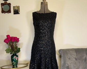 Vintage 1950s black lace sequined cocktail dress, petticoat