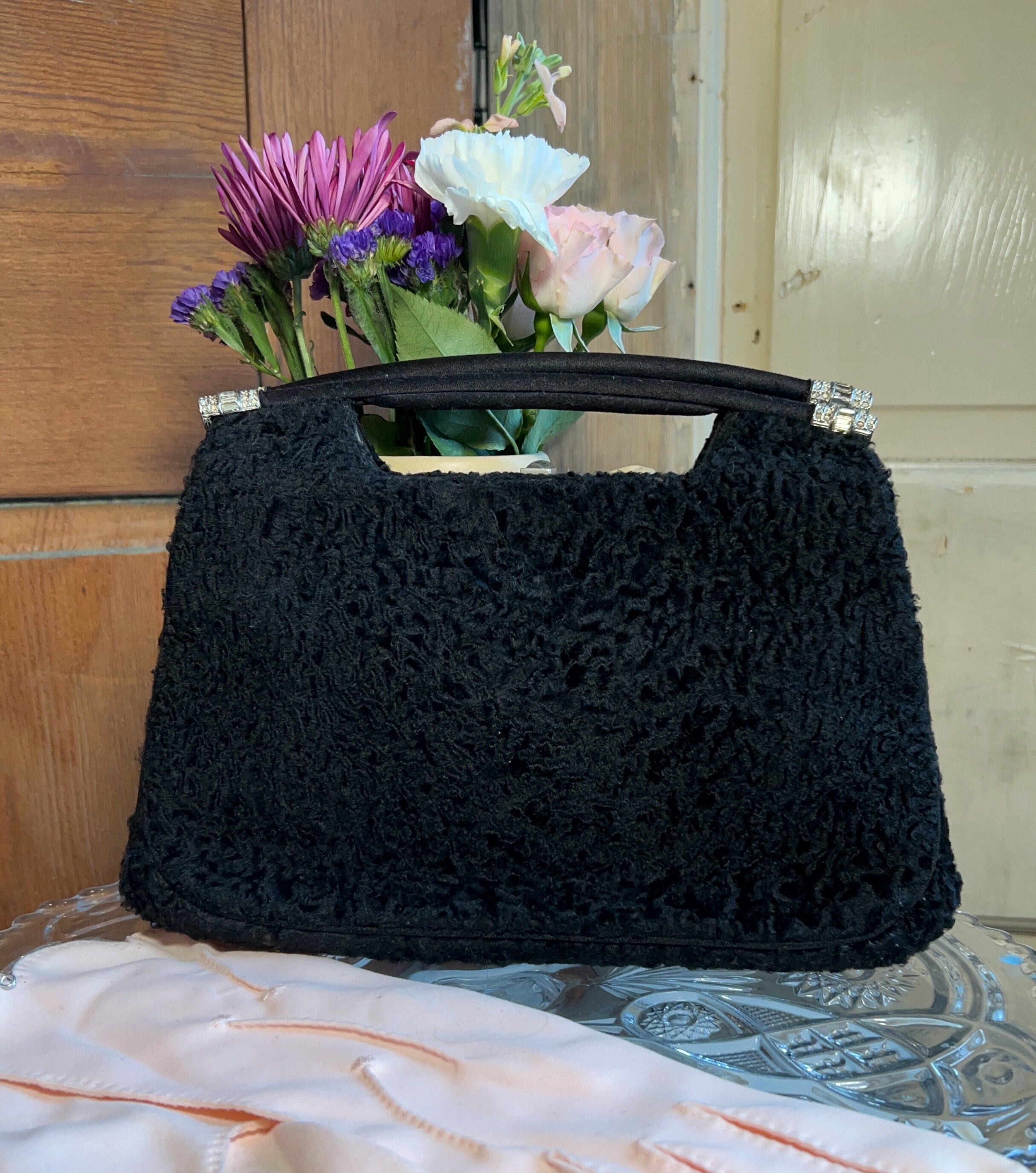 Vintage Bienen-davis Karakul Lambskin Handbag: 1940s Rhinestone