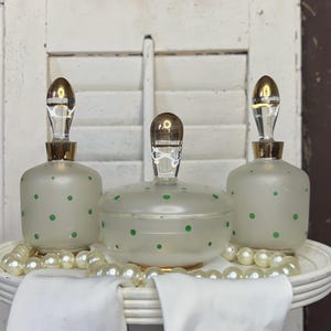 Vintage Irice vanity items, frosted glass and green dots Czech bohemian glass perfume bottles and covered dish