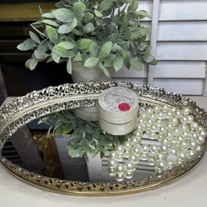 Vintage oval mirror vanity tray, 1960s gold filigree dresser tray