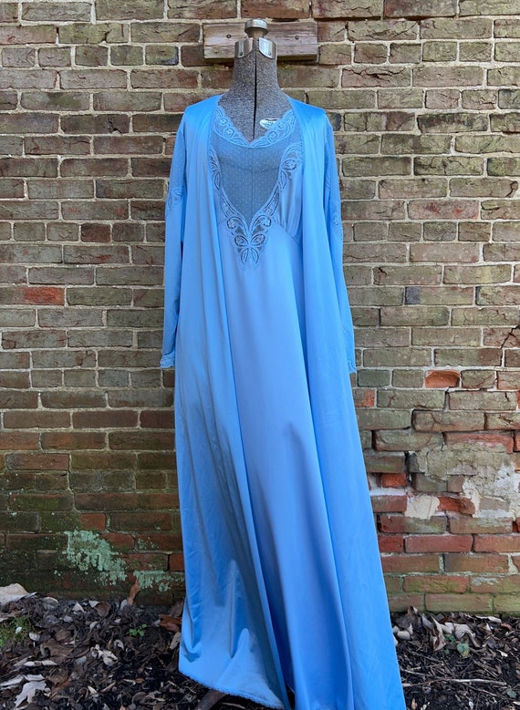 Vintage dusty blue nylon peignoir set, nightgown a