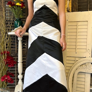 Vintage Jessica McClintock strapless gown, 90s black and white colorblock dress