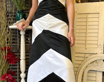 Vintage Jessica McClintock strapless gown, 90s black and white colorblock dress
