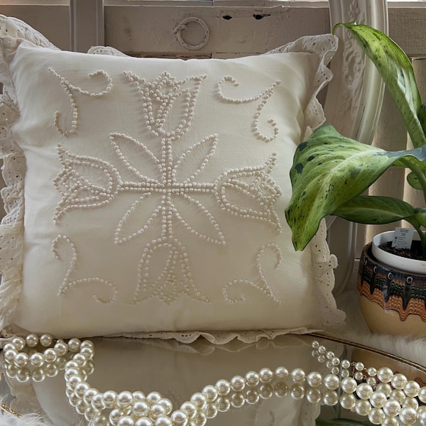 Vintage Embroidered Throw Pillow: White on White Lace Trim