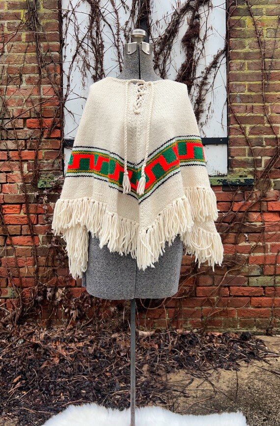 Vintage 1970s chunky knitted poncho, handmade boho