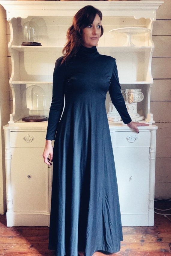 Buy Vintage Black Maxi Gown, 70s Long Sleeve Party Gown, Empire 