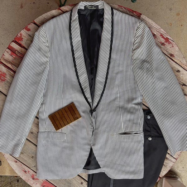 Vintage 1960s chambray, white pinstripe seersucker jacket and black tuxedo pants