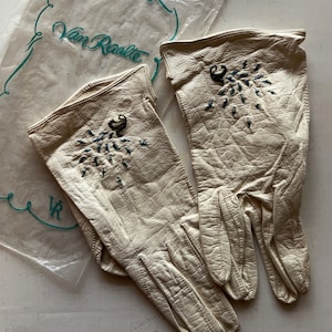 Vintage 1950s cream kid leather gloves with blue embroidery, Van Raalte