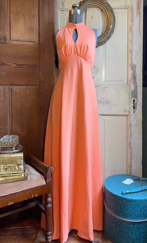 Vintage 1970s coral polyester keyhole maxi dress