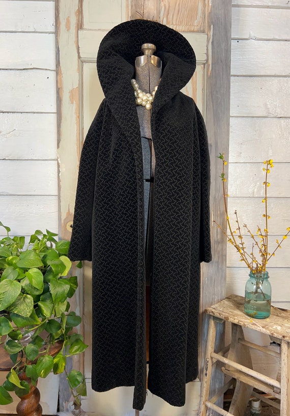 Vintage black velvet swing coat with gold satin li