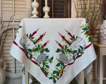 Vintage Christmas linen tablecloth, rectangular holiday table linen