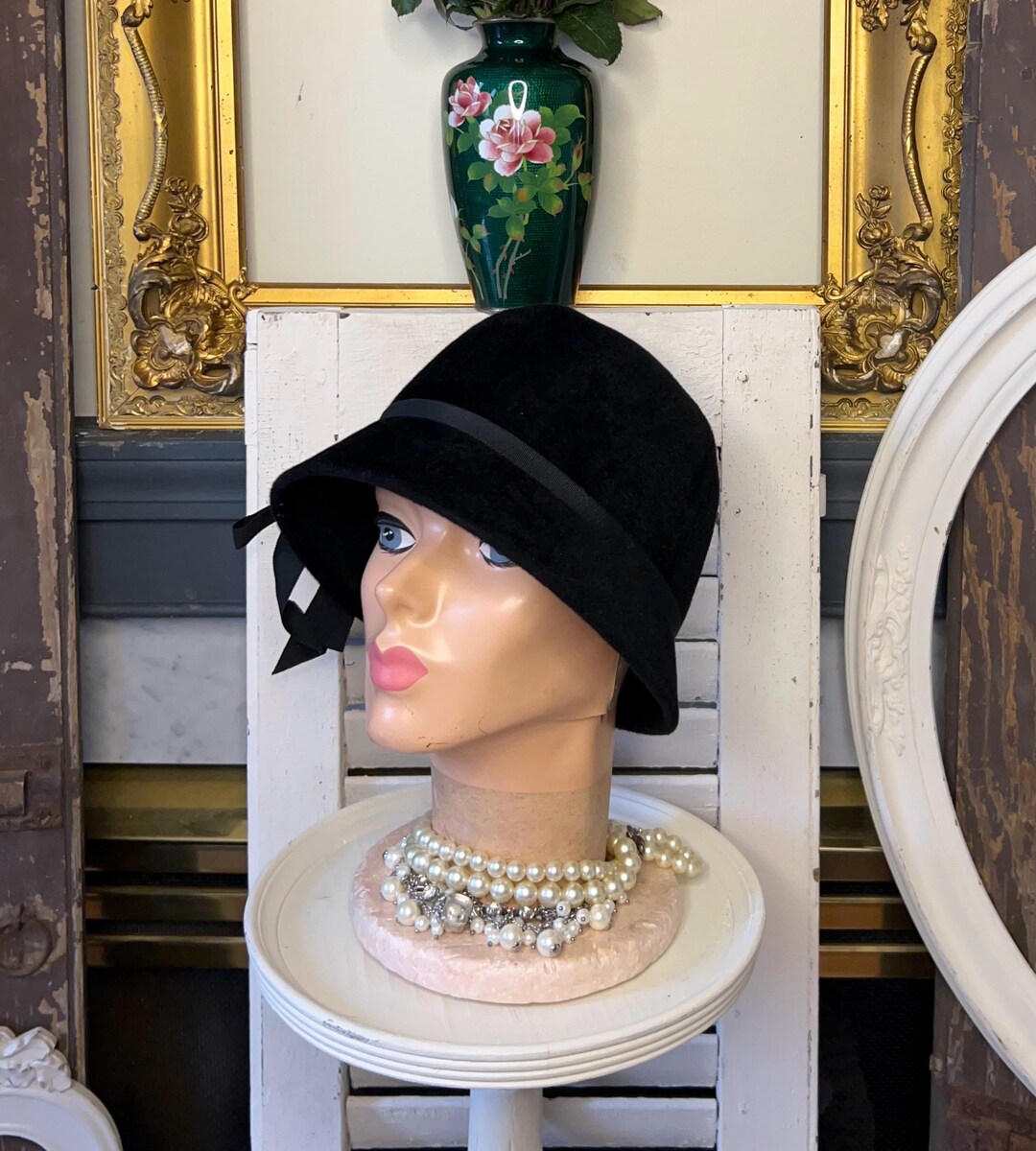 帽子 Vintage velours hat Vintage Peachbloom Velour Black Ribbon Rhinestone Cloche Hat
