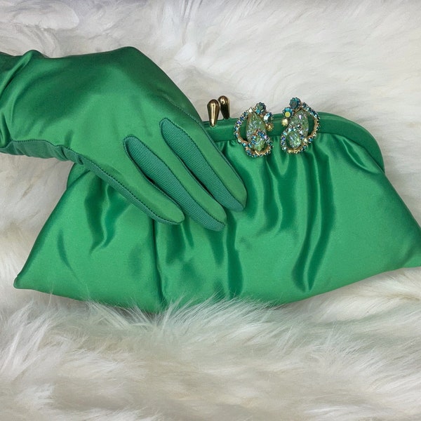 Vintage 1960s emerald green satin clutch, gloves, and earrings