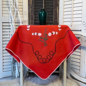 Vintage Red Floral Embroidered Tablecloth: Square Cotton Table Cover